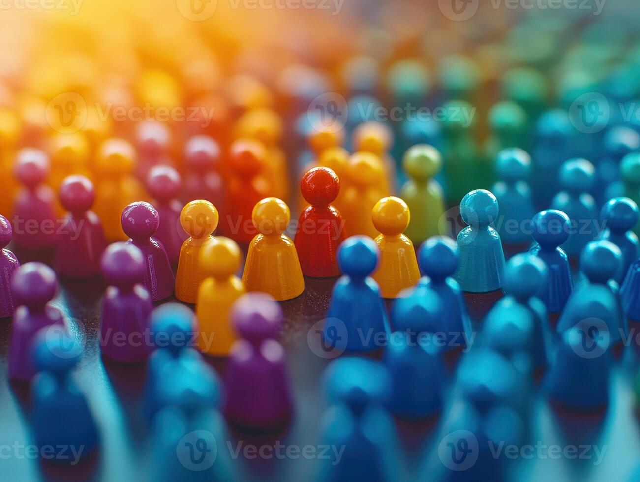 Colorful figurines representing diversity in a group. Bright colors symbolize unity and individuality among people, emphasizing collaboration in a vibrant environment. photo