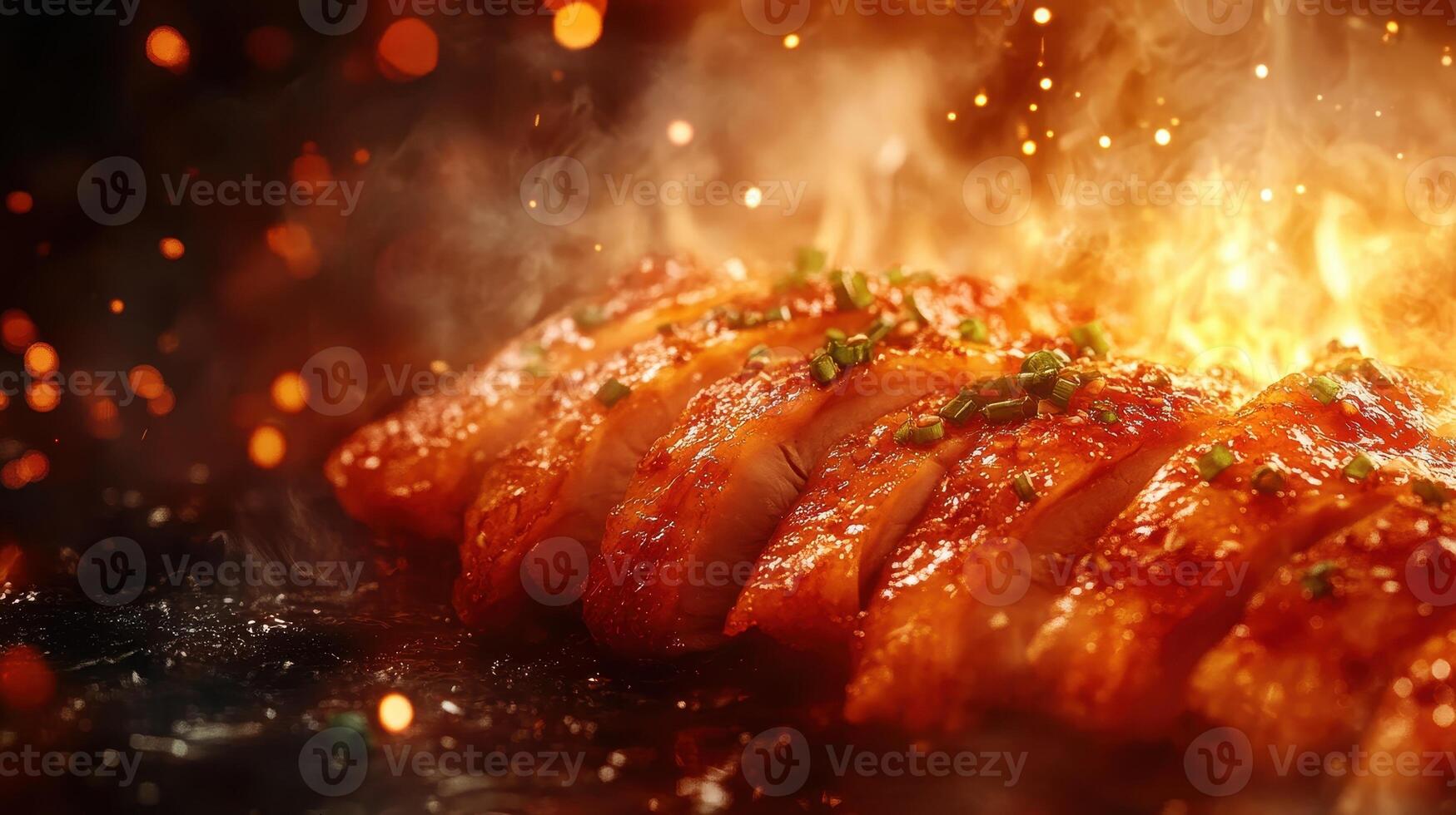 A beautifully grilled piece of meat, sizzling and caramelized, with vibrant flames in the background, showcasing a rich texture and appetizing appearance. photo