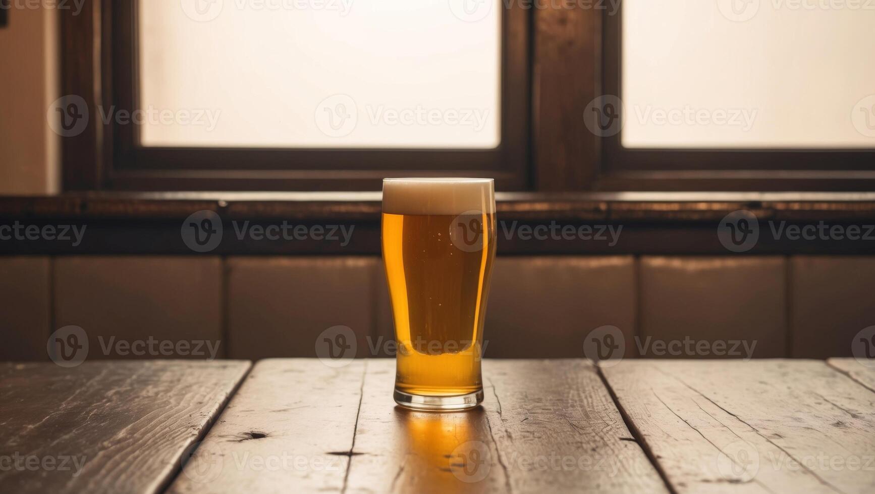 A glass of beer sitting on a table in front of a window photo