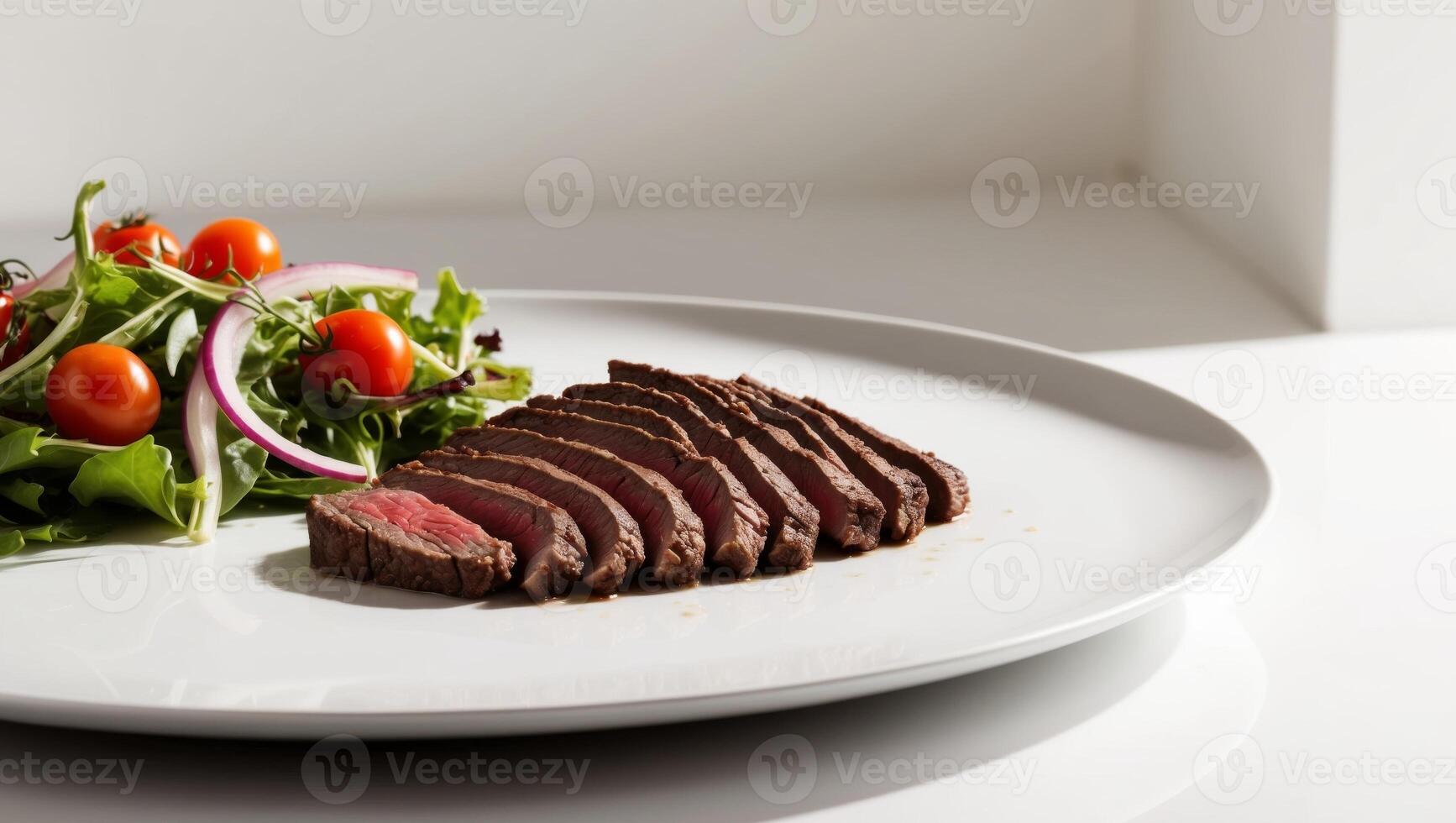 A steak on a white plate with a salad photo