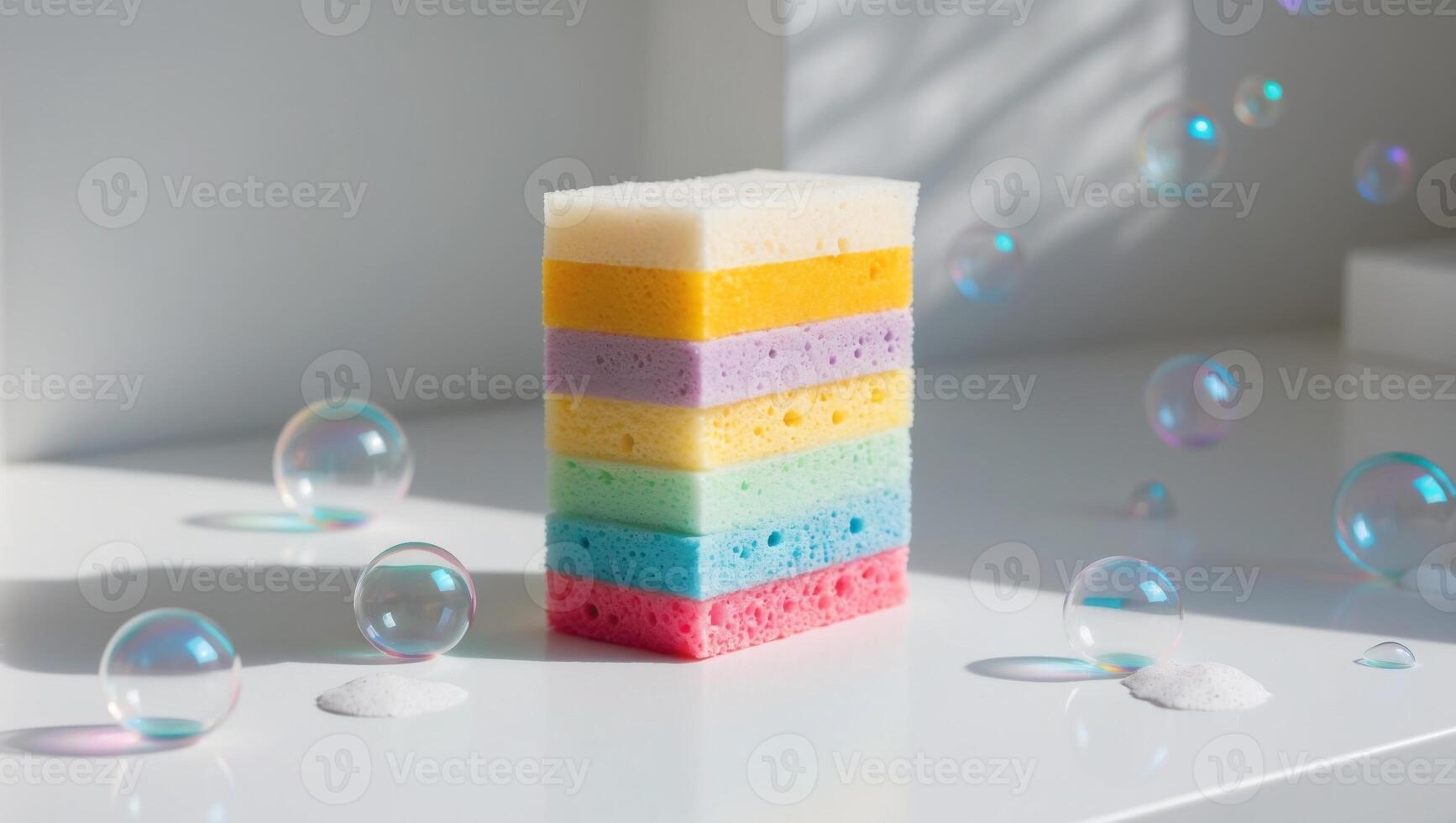 A stack of colorful soap bars on a white surface photo