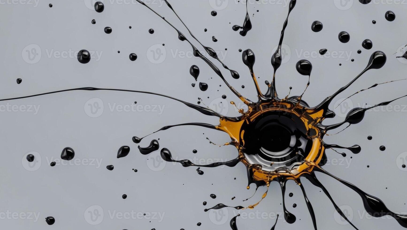 A bullet hole in a wall with black and gold paint photo