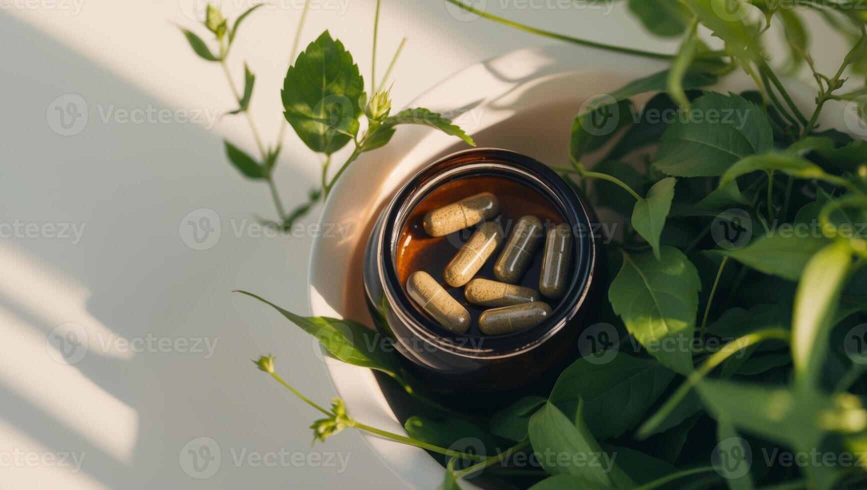 A jar of pills and leaves on a table photo