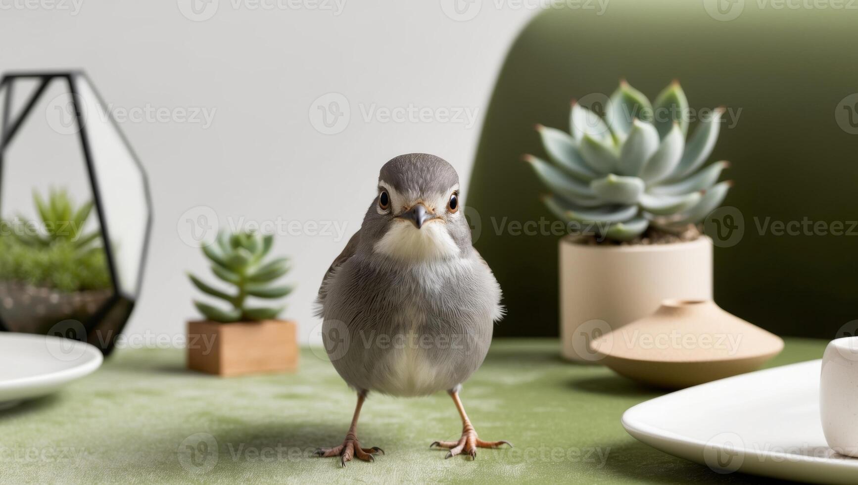 A small bird standing on a table with a plate and cup photo
