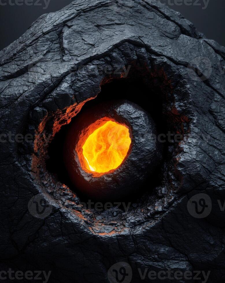 A close up of a lava rock with an orange light photo