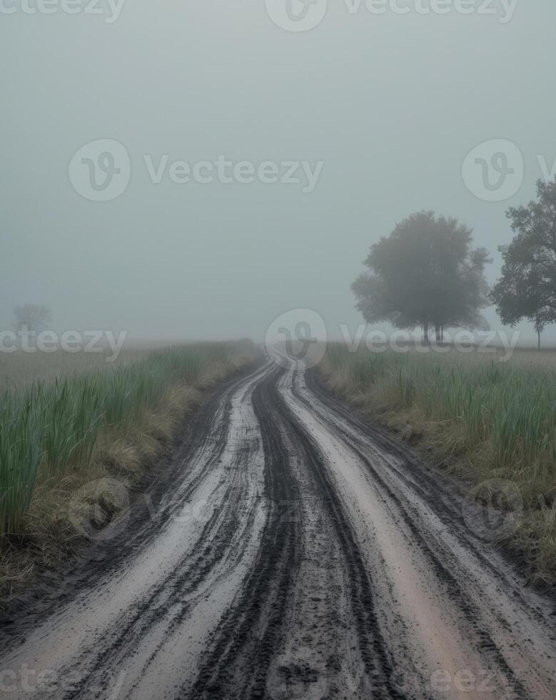 A dirt road in the fog with trees and grass photo