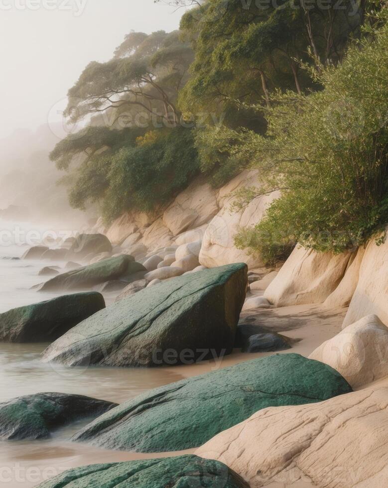 A beach with rocks and trees photo