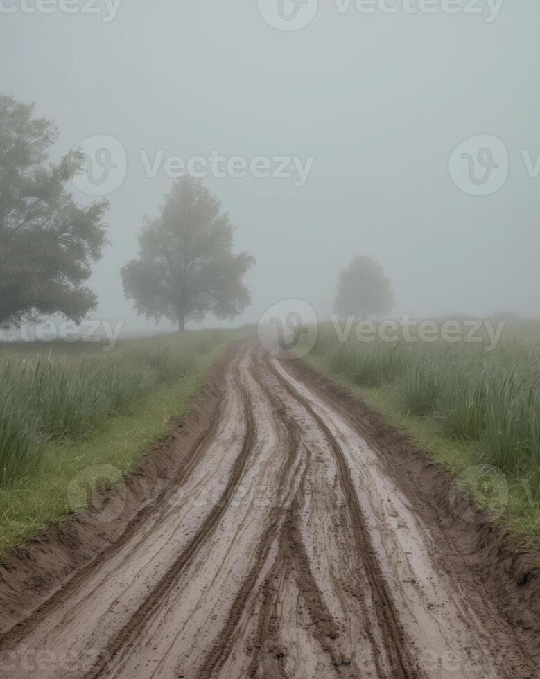 A dirt road in the fog with trees in the background photo