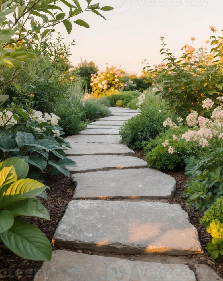 A stone pathway in a garden with flowers and shrubs photo