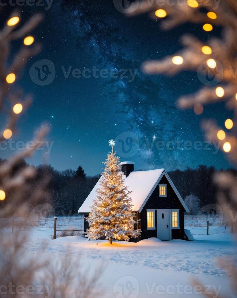 A small cabin with a christmas tree in the snow at night photo