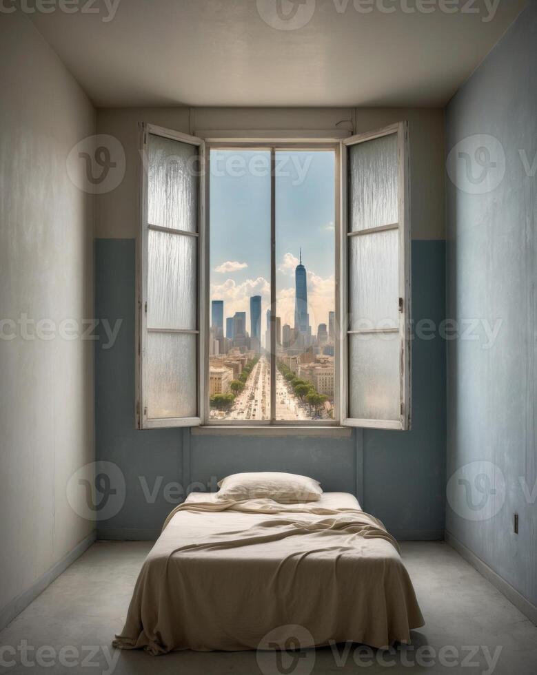 A bed in a room with a window and city view photo