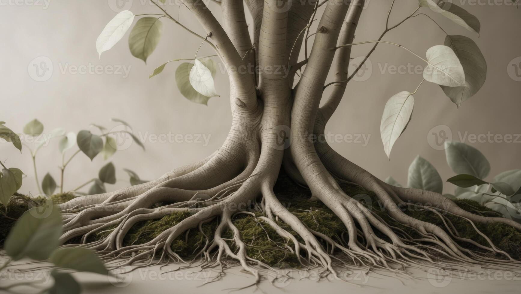 A tree with roots and leaves on a gray background photo