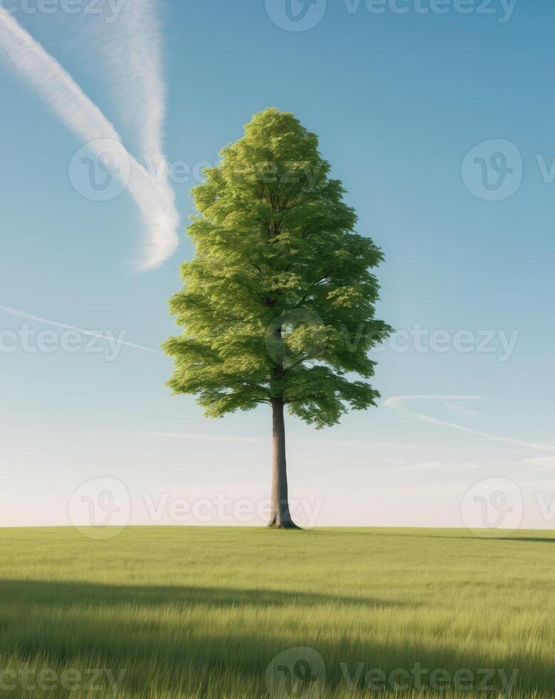 A tree stands alone in a field with a blue sky photo