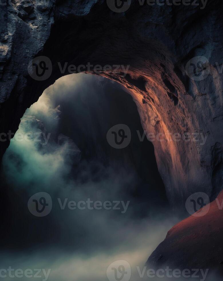 A cave with fog and water coming out of it photo