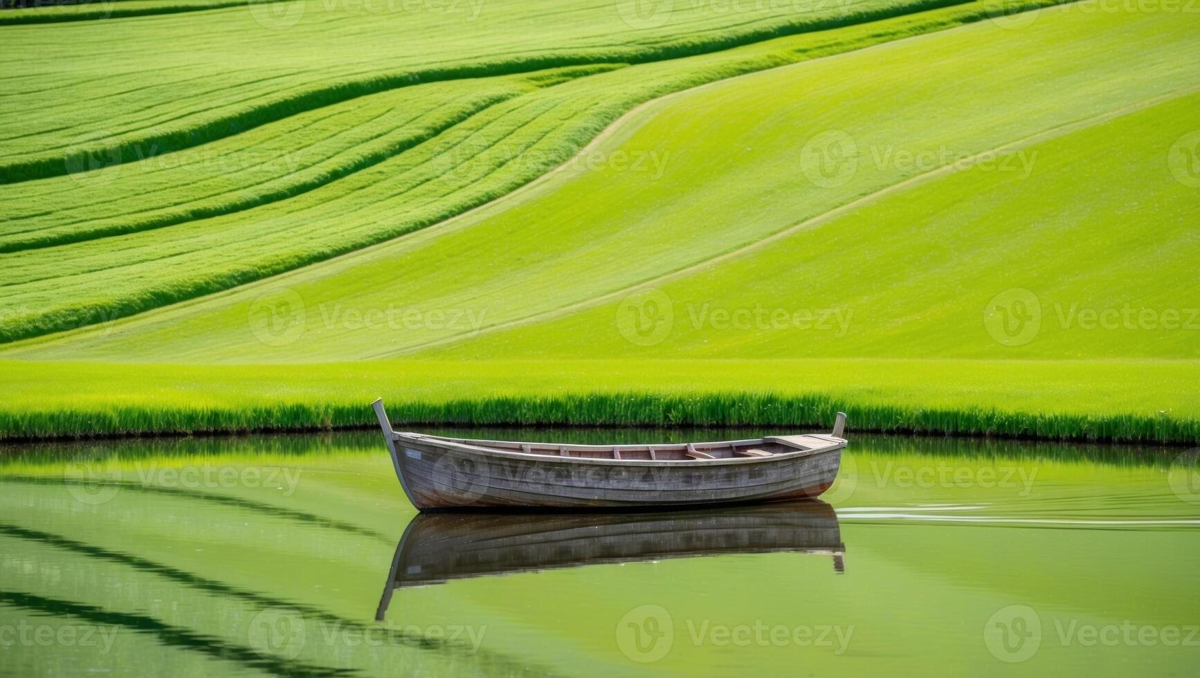 A boat sits on the water in front of a green field photo