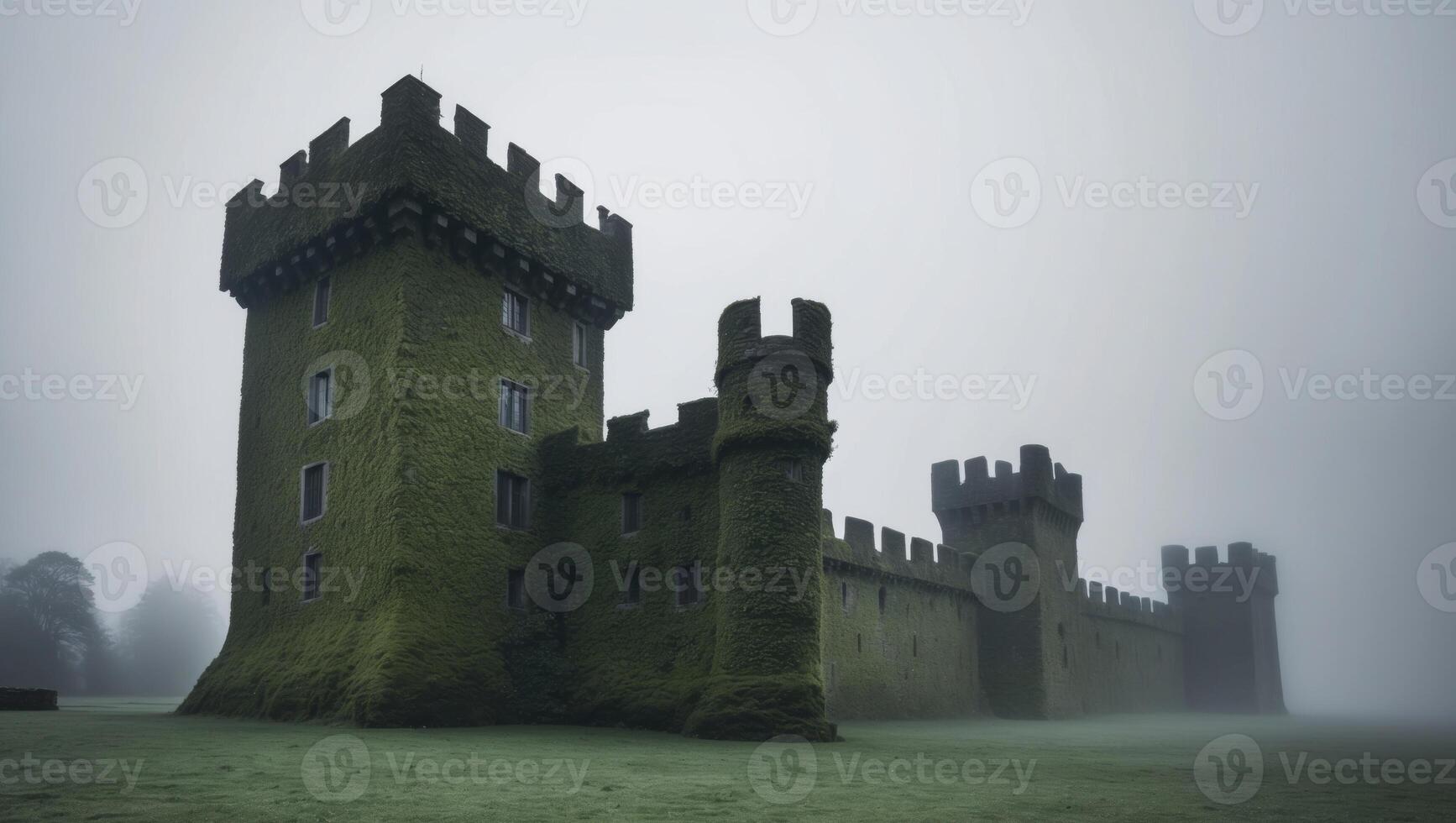 An old castle in the fog with tall grass photo