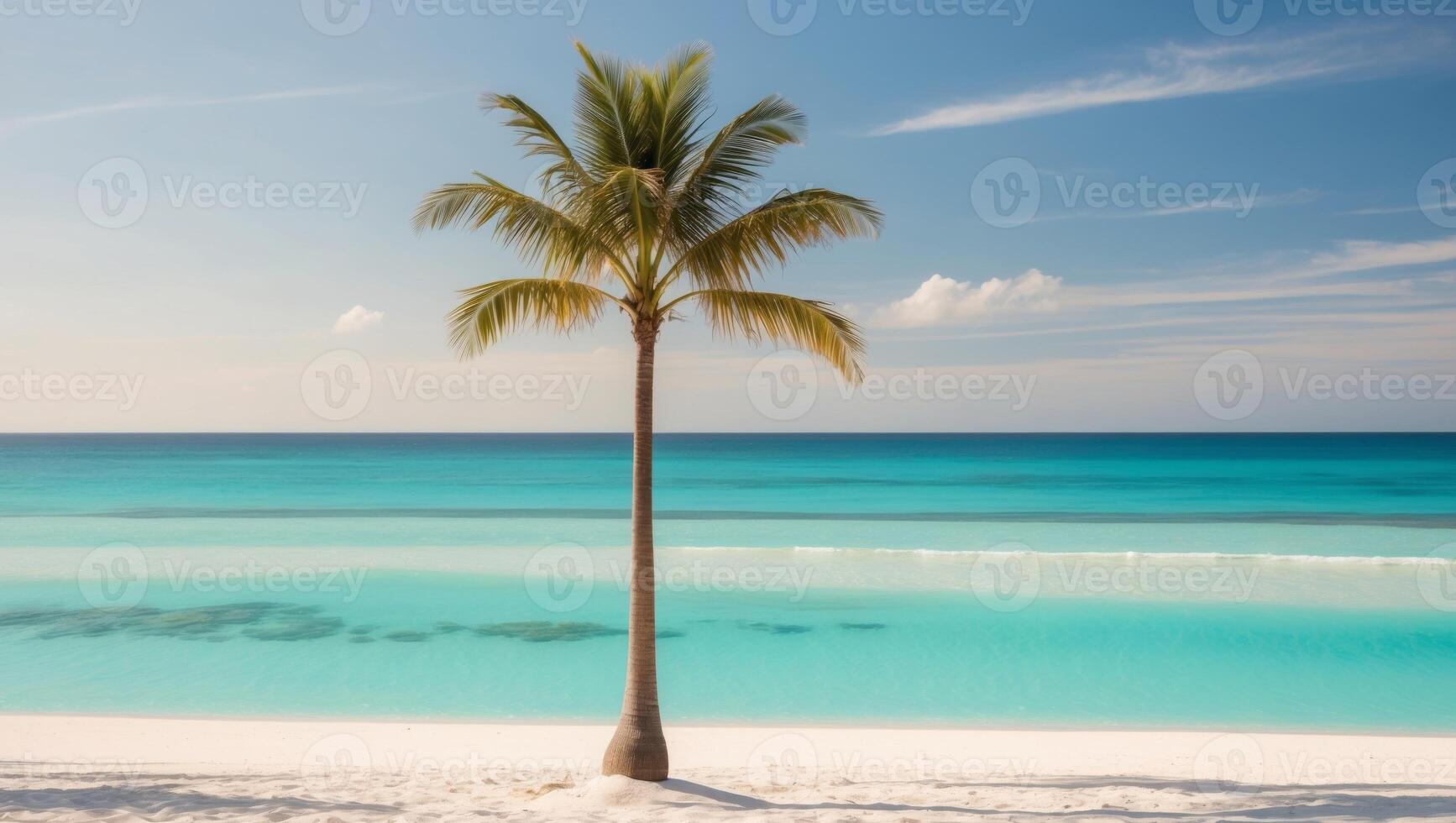 Palm tree on the beach with turquoise water and blue sky photo