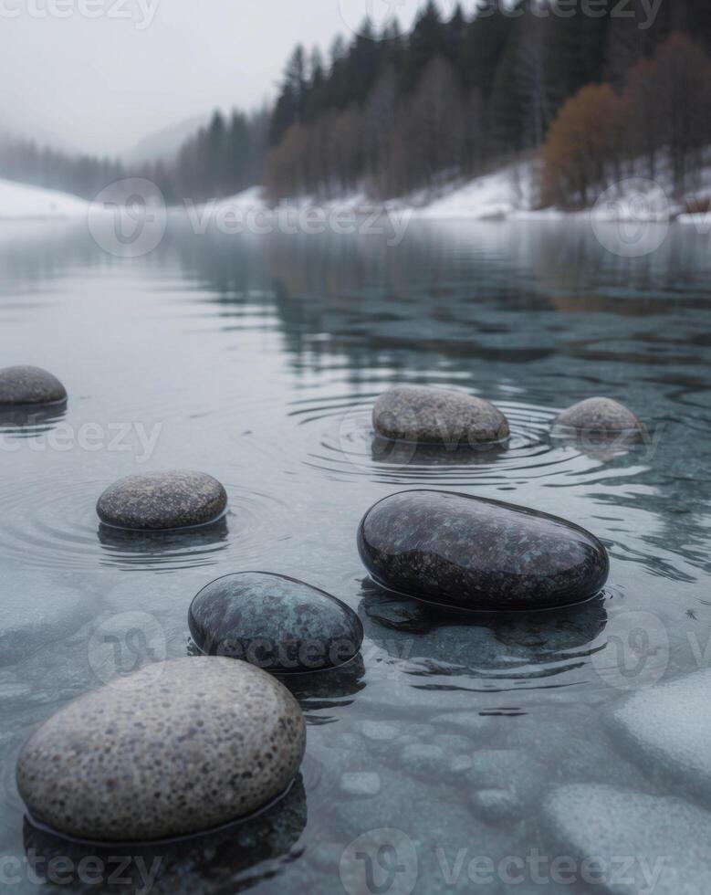 A lake with rocks in it and a forest photo