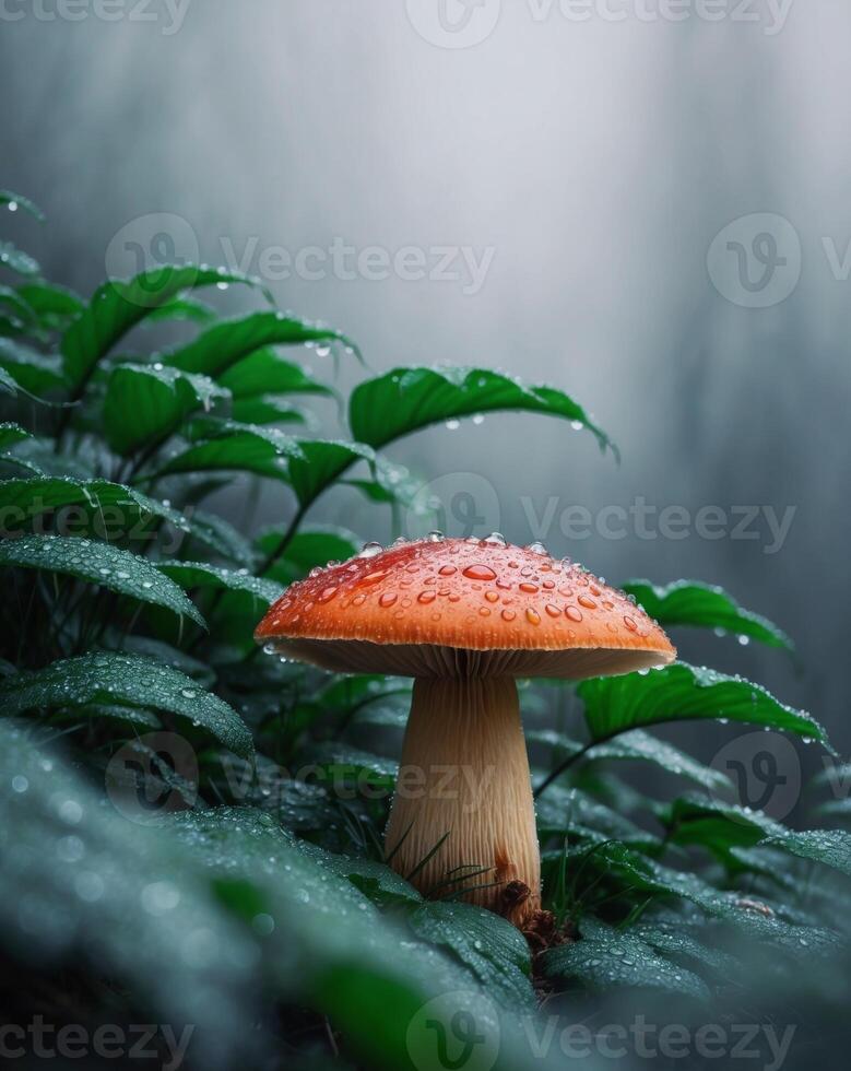A red mushroom is sitting on the ground surrounded by green leaves photo