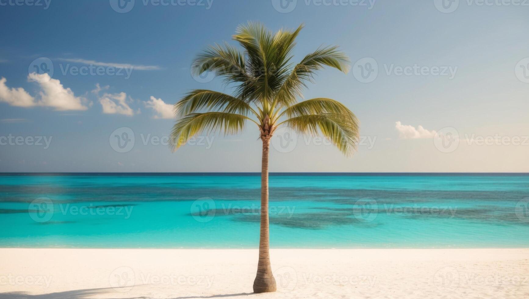 Palm tree on the beach with turquoise water and blue sky photo