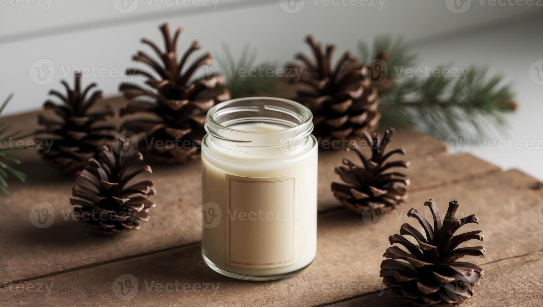 A jar of soy wax with pine cones on a wooden table photo