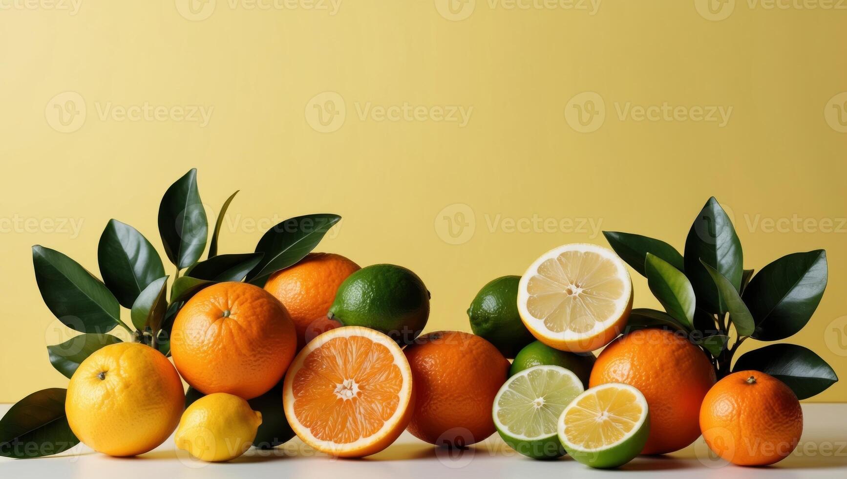 Fresh citrus fruits on yellow background photo