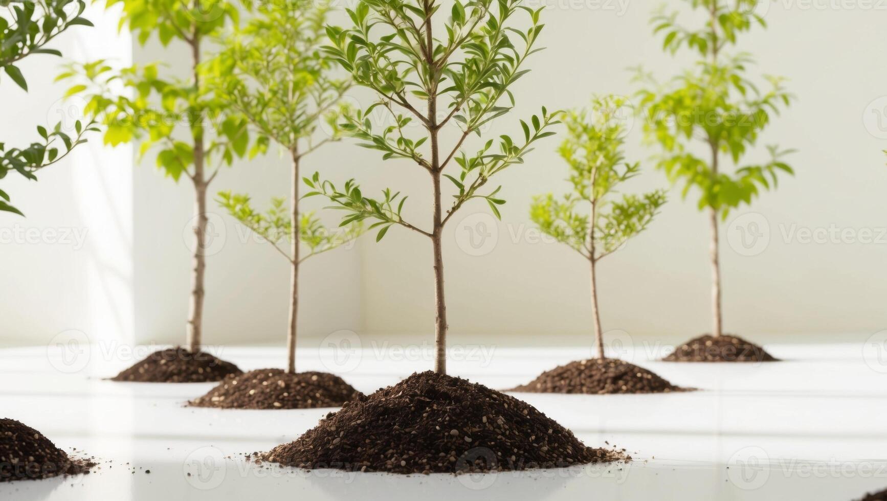 A group of small trees growing in soil photo