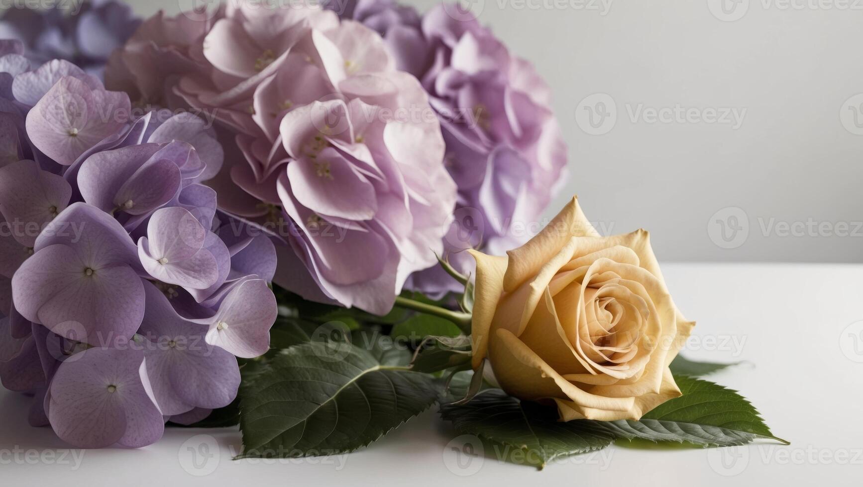 A bouquet of purple and yellow flowers with a single yellow rose photo