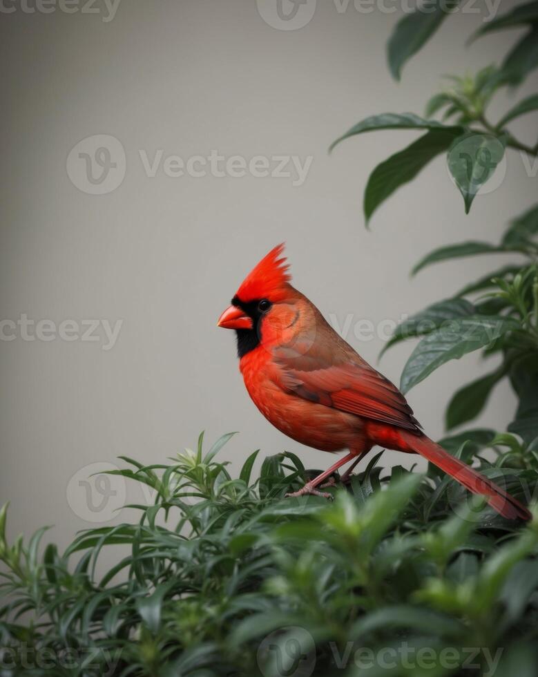 A red bird with black beak sitting on top of a plant photo