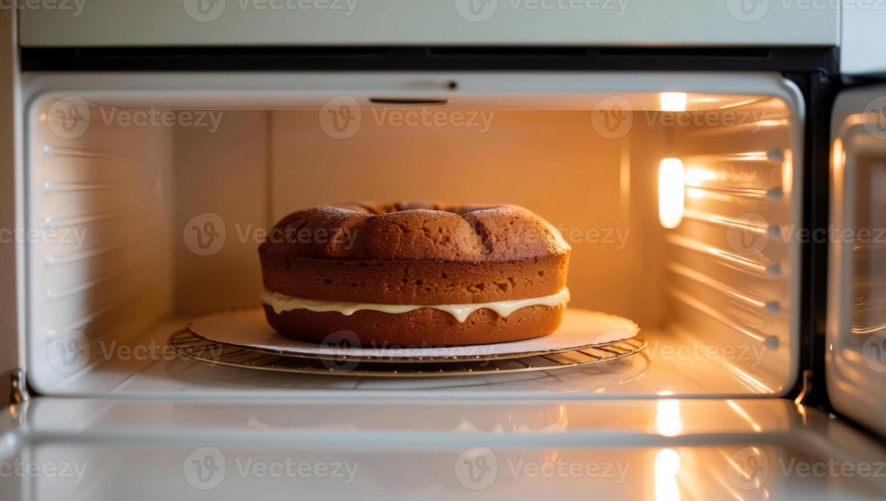 A cake sitting in an open microwave photo