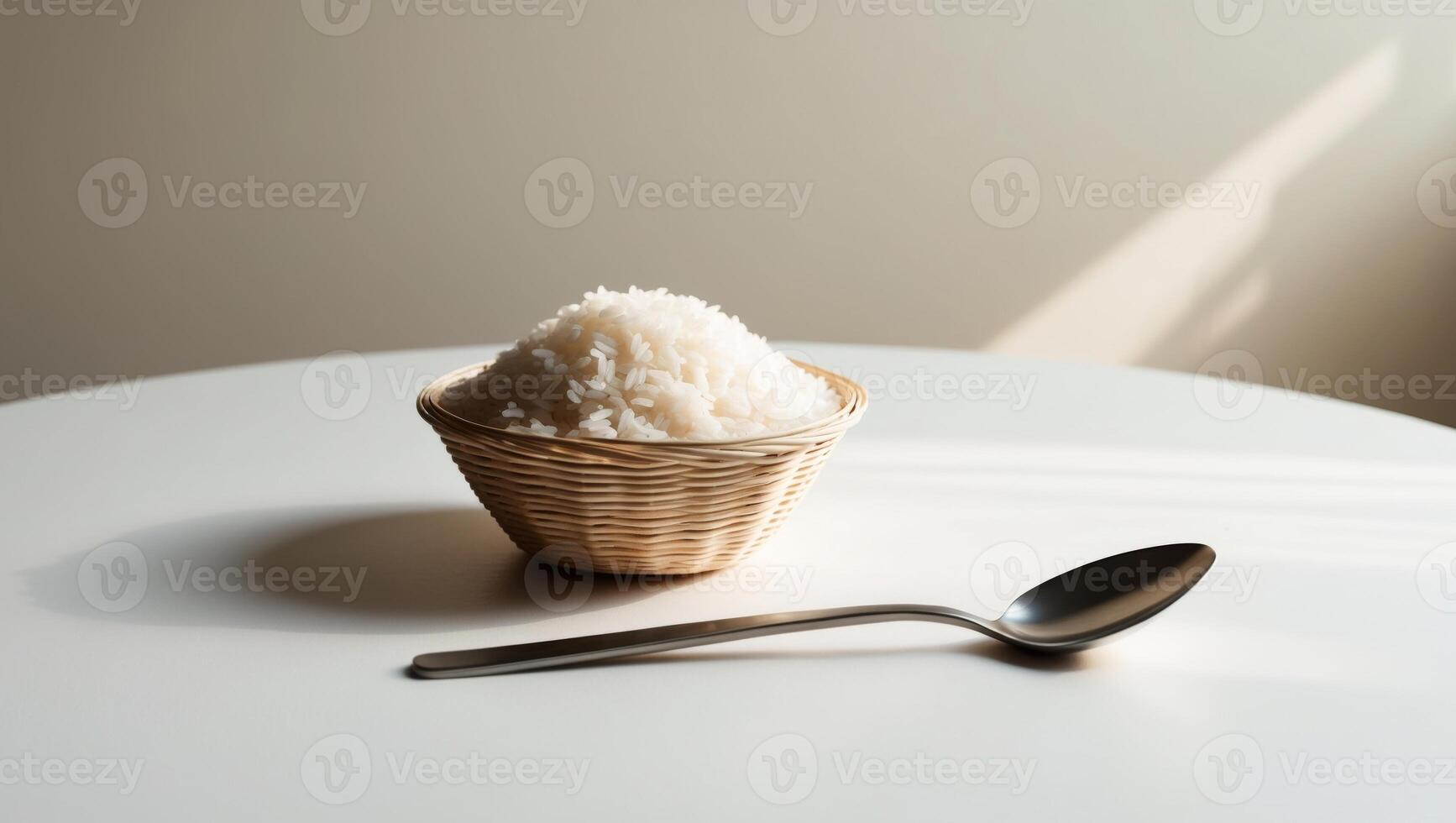 A bowl of rice sits on a table next to a spoon photo