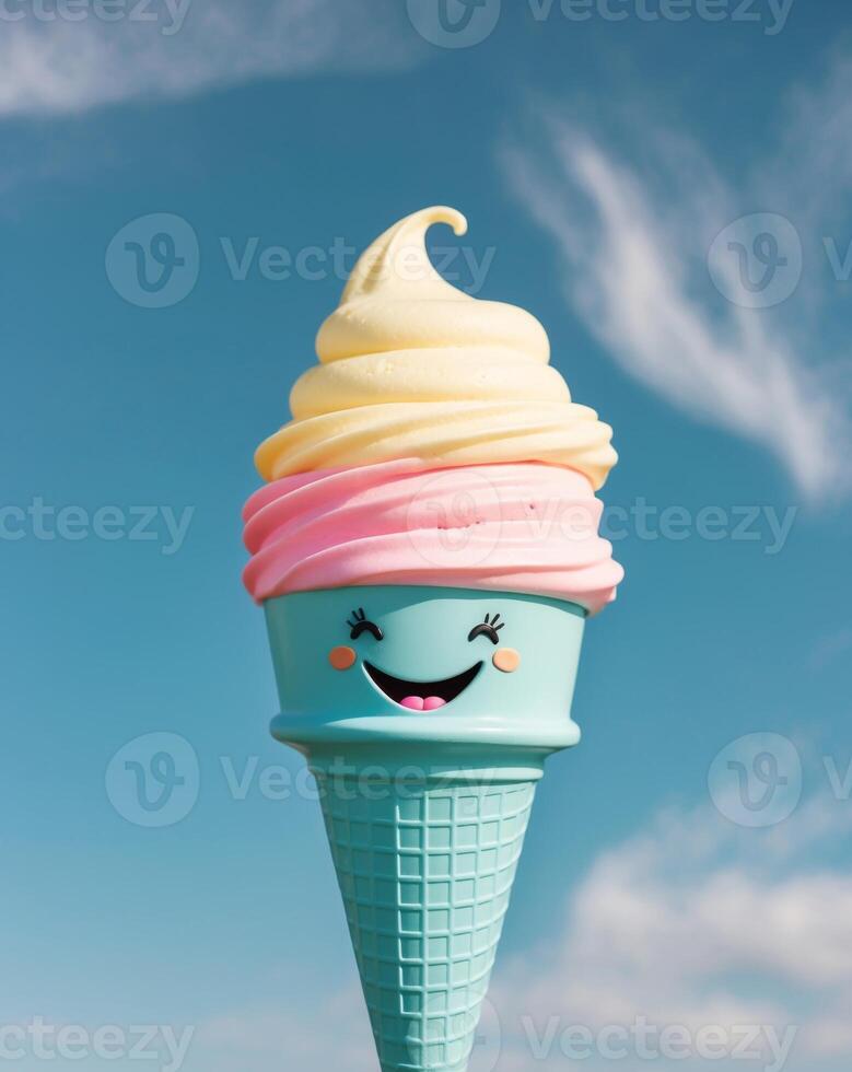A colorful ice cream cone with a smiling face photo