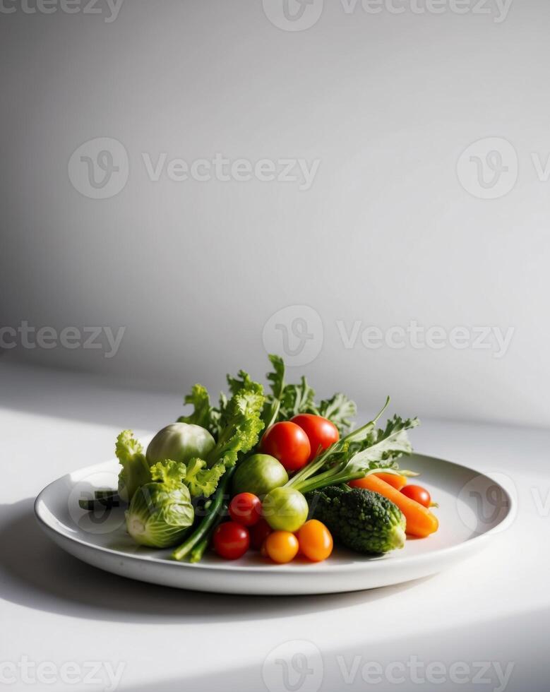 A plate with vegetables on it and a white background photo