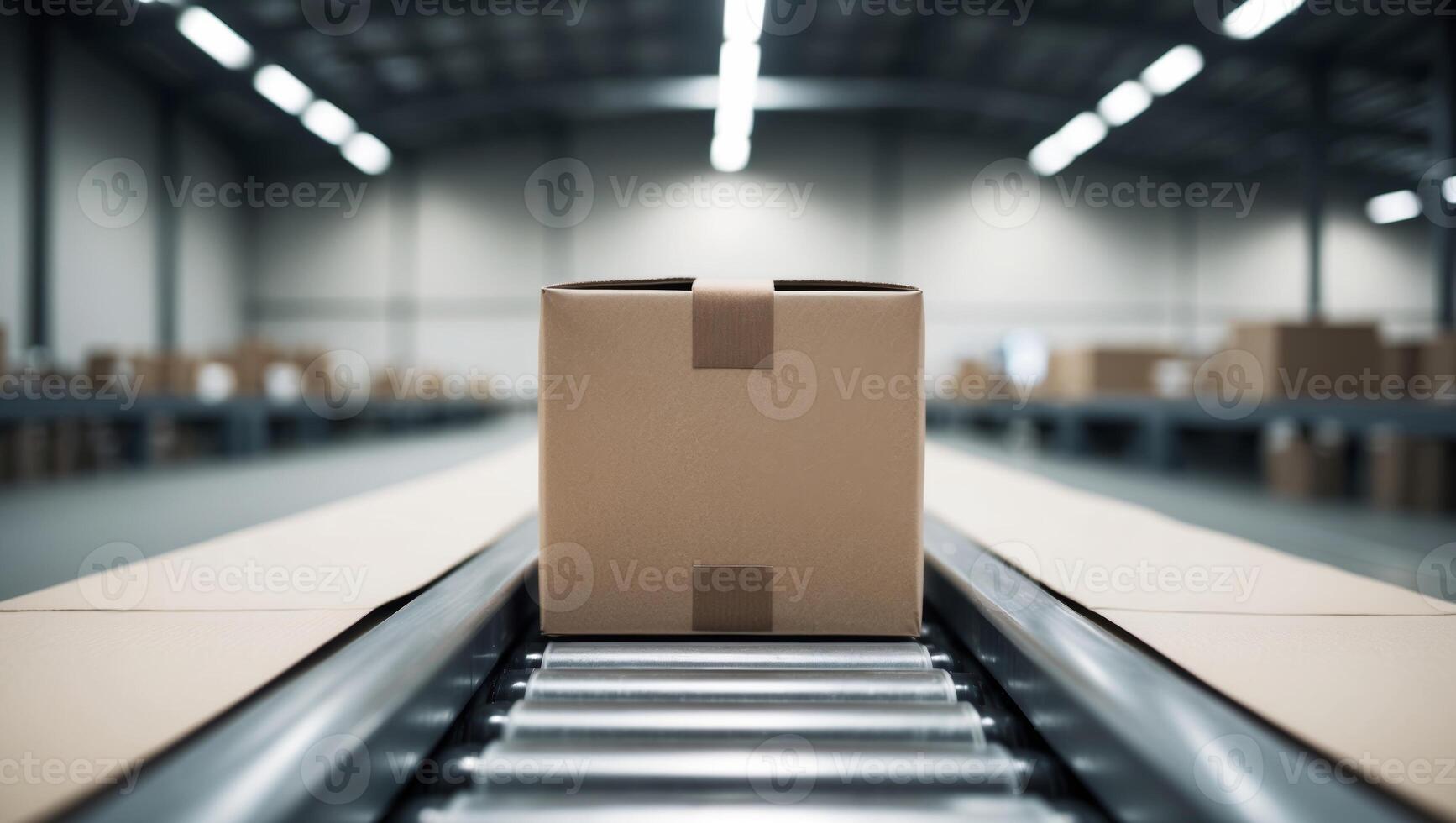 A cardboard box on a conveyor belt in a warehouse photo