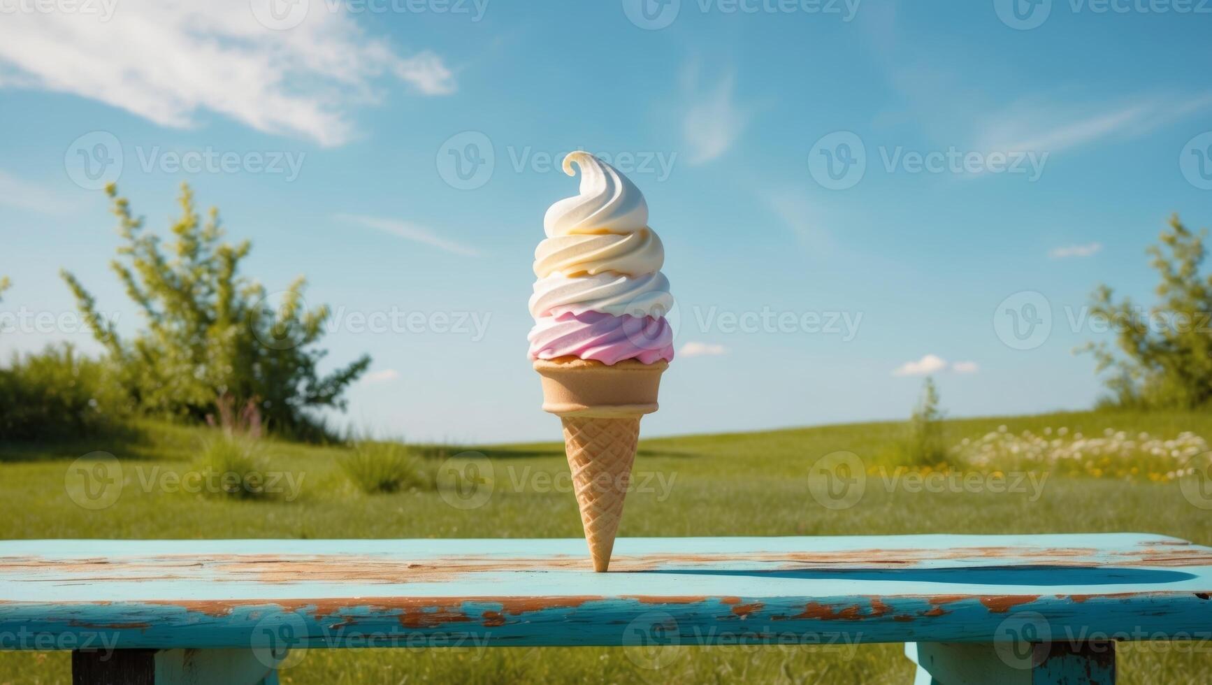 An ice cream cone sitting on top of a blue bench photo