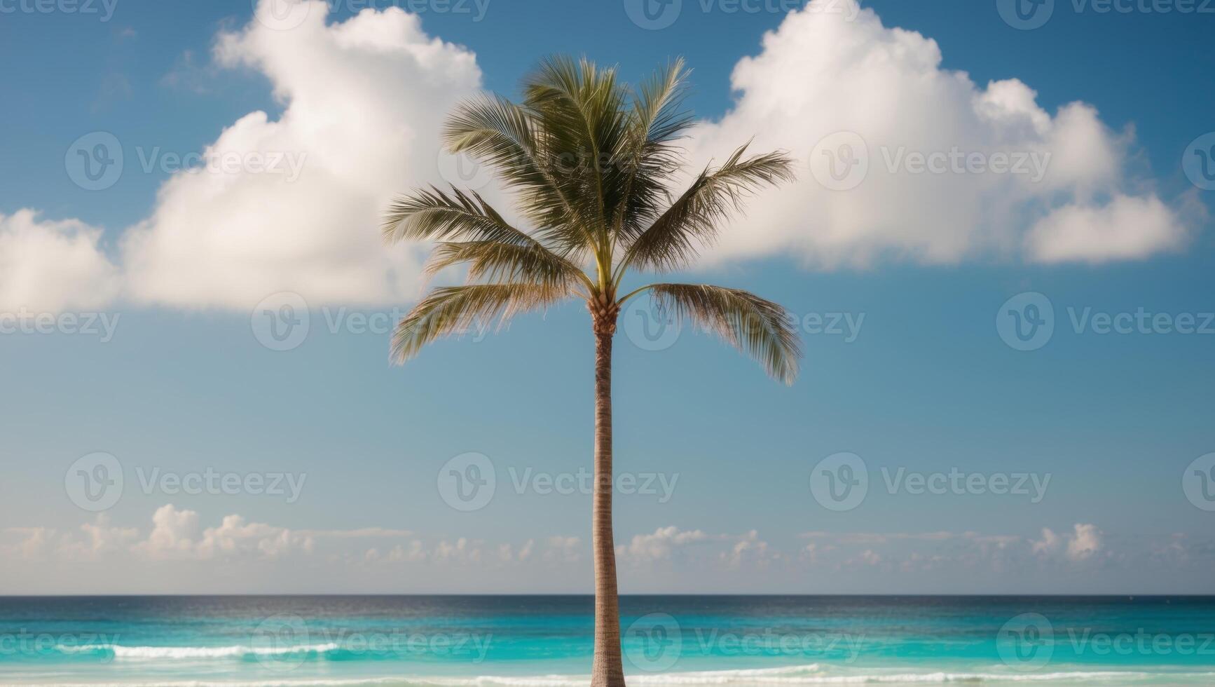 A palm tree stands alone on a sandy beach photo