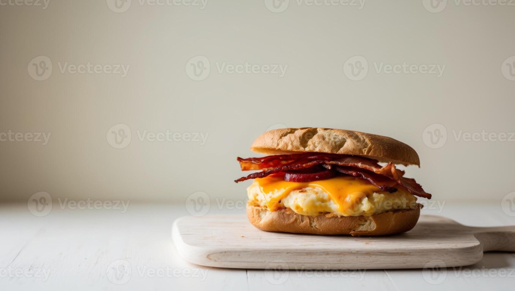 A bacon and cheese burger on a wooden cutting board photo