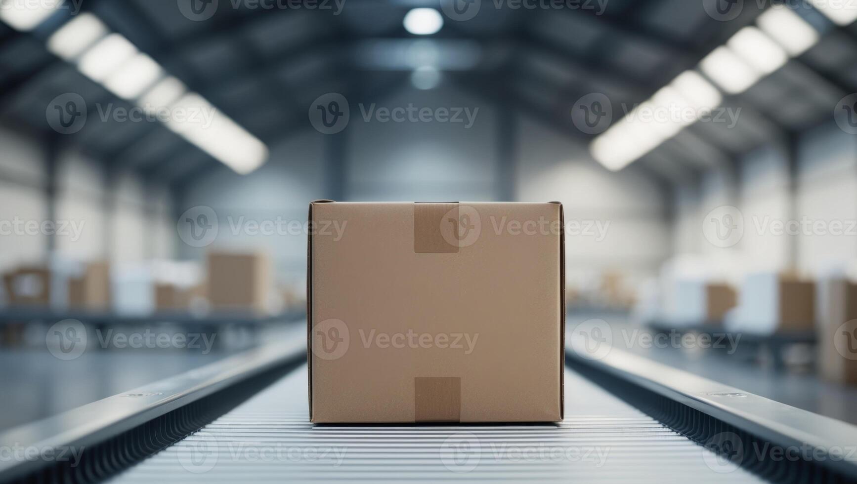 A cardboard box on a conveyor belt in a warehouse photo