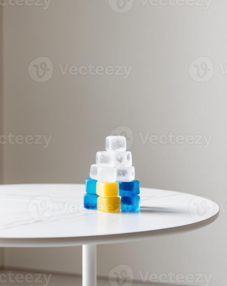 Ice cubes on a table in front of a white wall photo