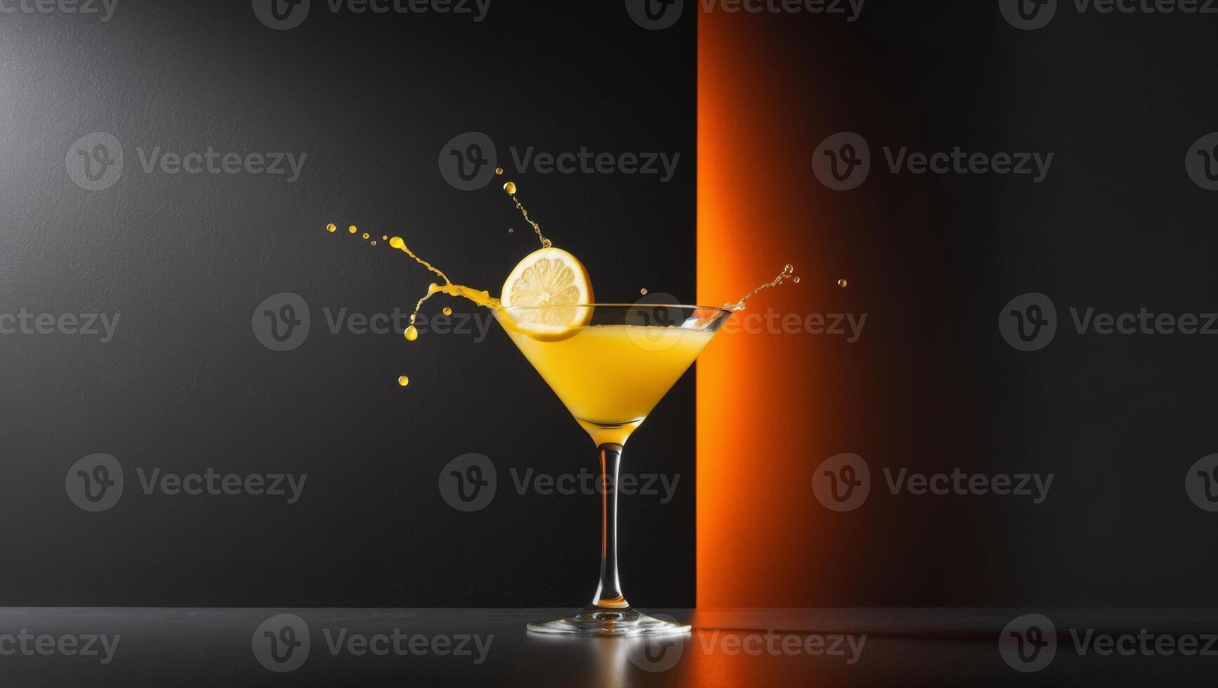 Orange cocktail with splash of orange juice on black background photo