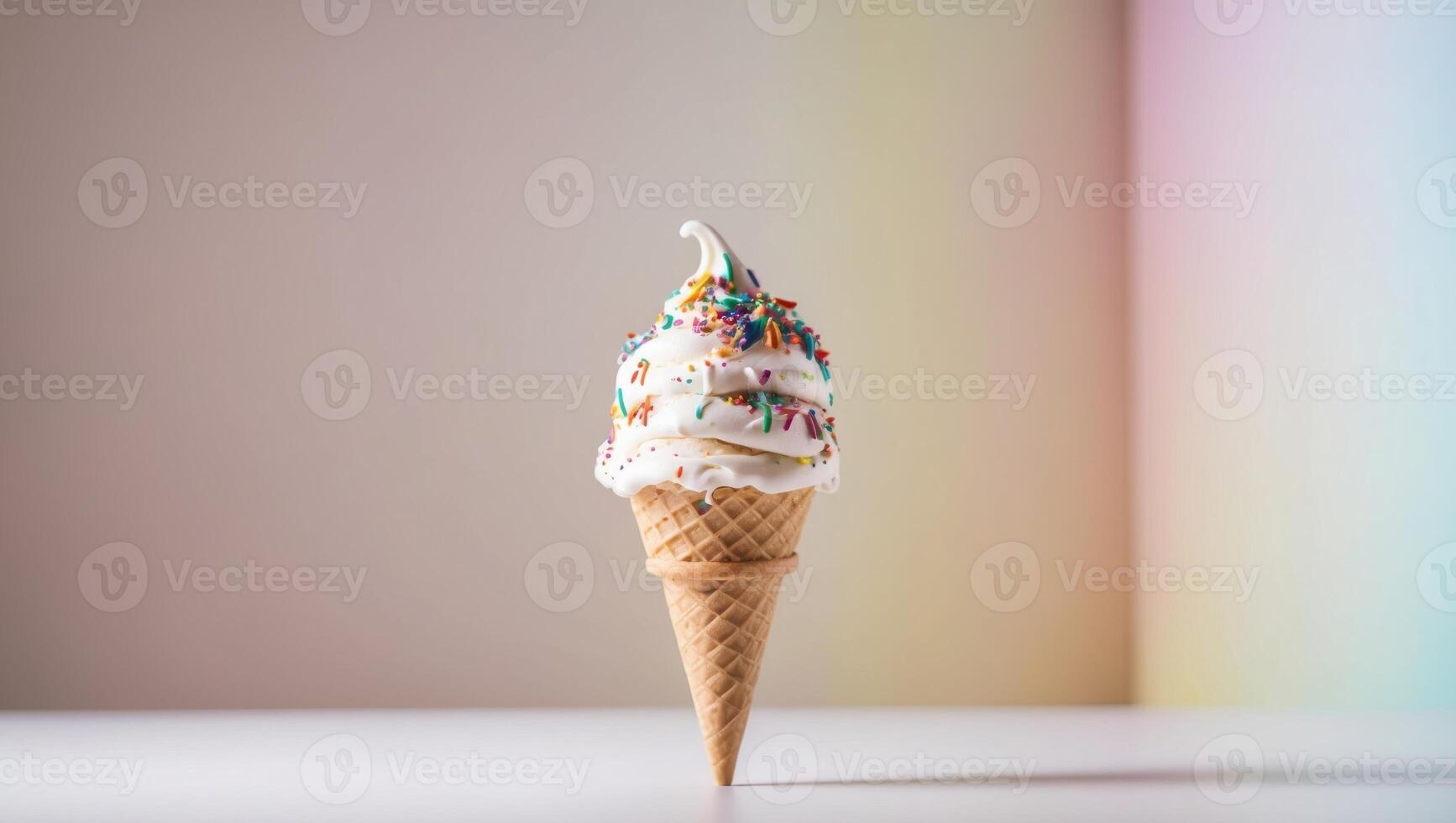 An ice cream cone with white frosting and sprinkles photo