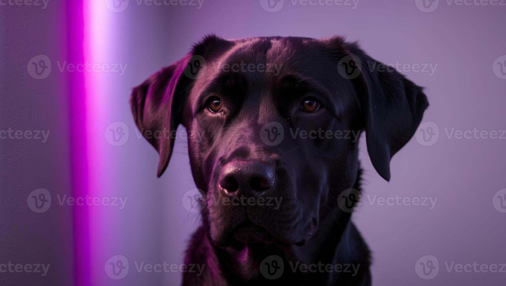A black dog is looking at the camera in front of a purple light photo