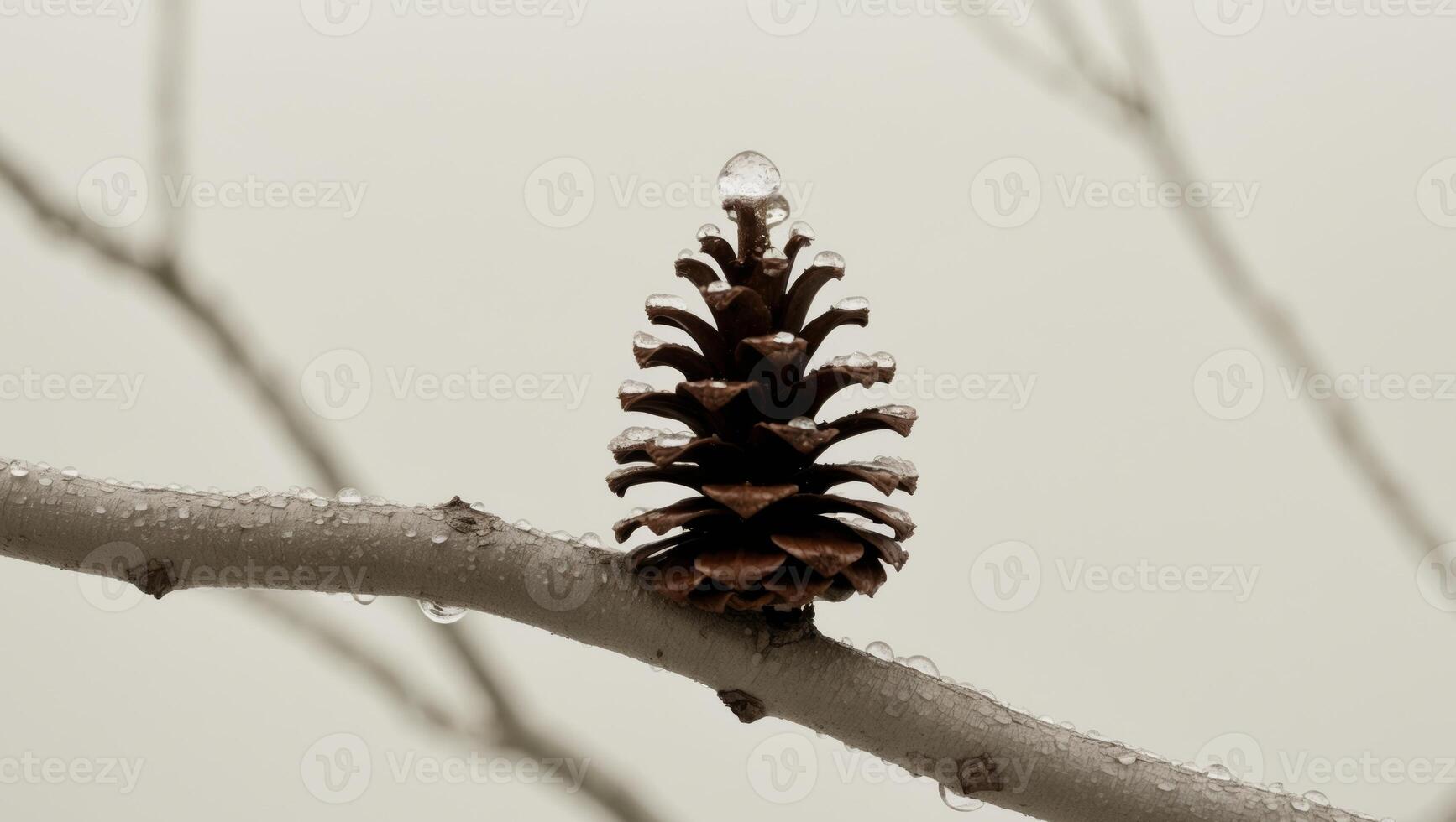 A pine cone sits on a branch with raindrops on it photo