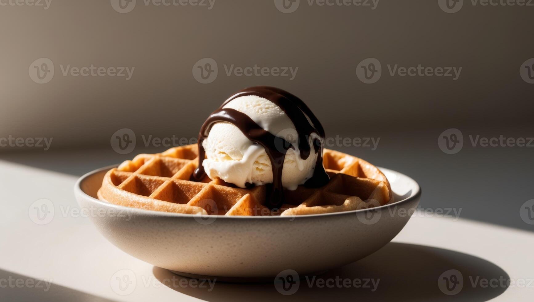 A waffle with ice cream and chocolate sauce photo