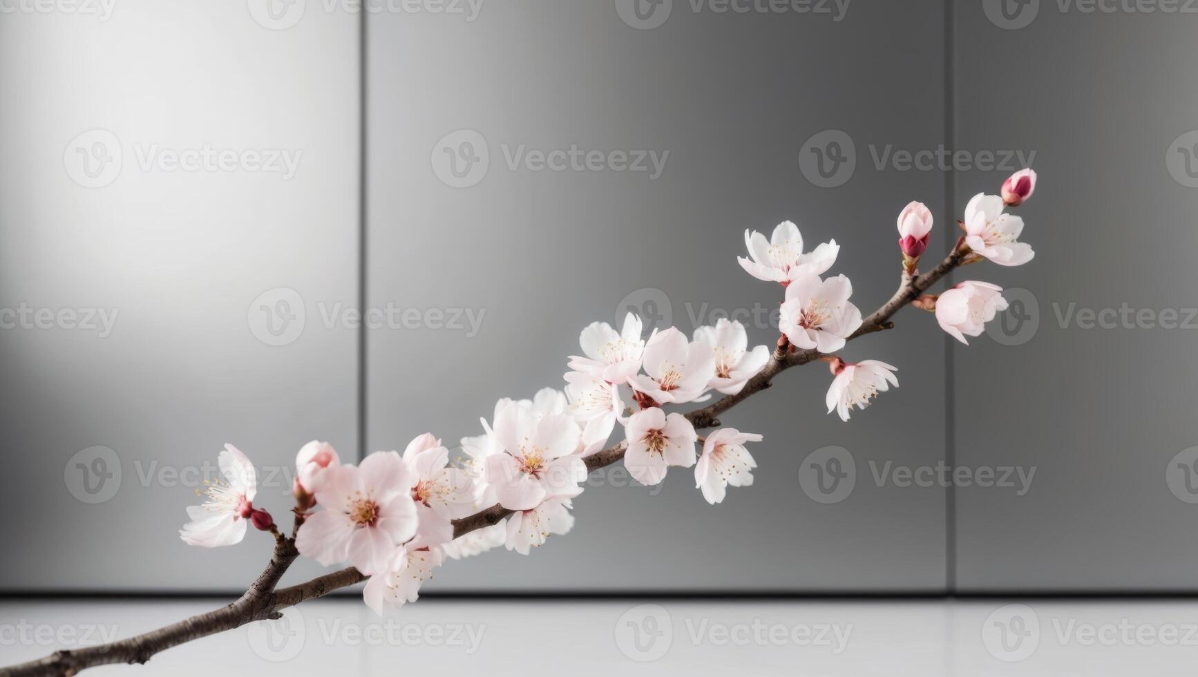 A branch of cherry blossoms in front of a gray wall photo