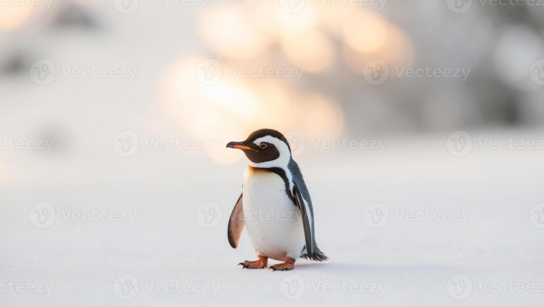 A penguin standing in the snow with blurry background photo