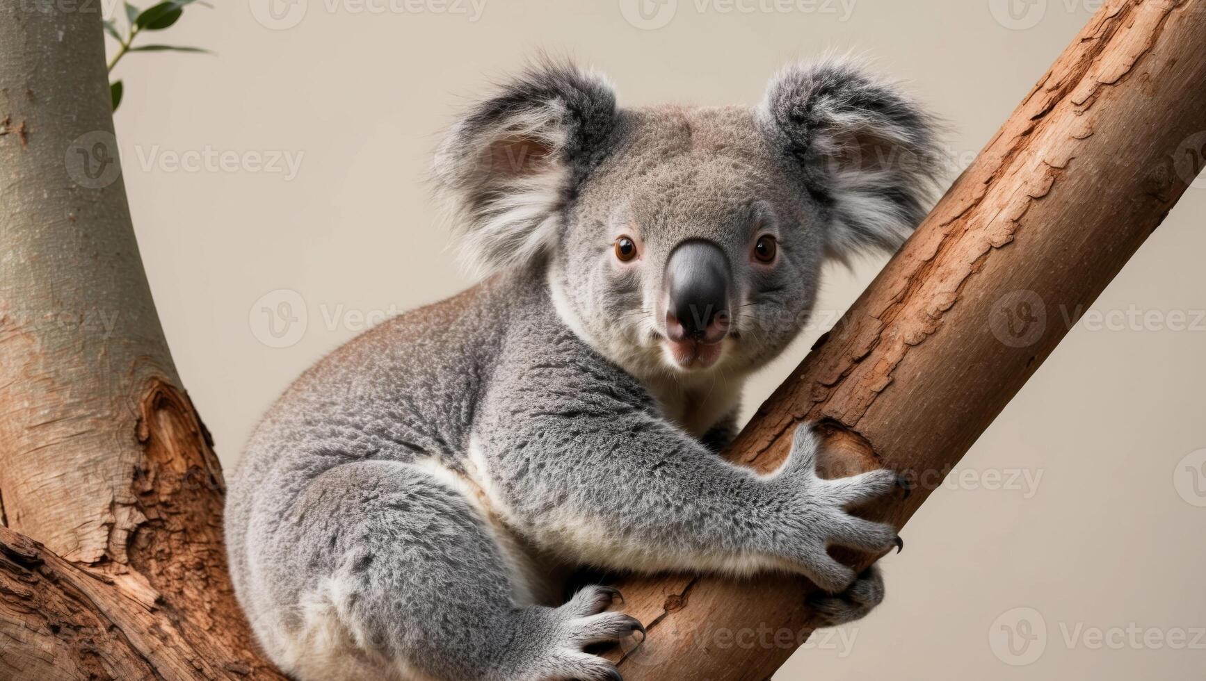 A koala is sitting on a tree branch photo