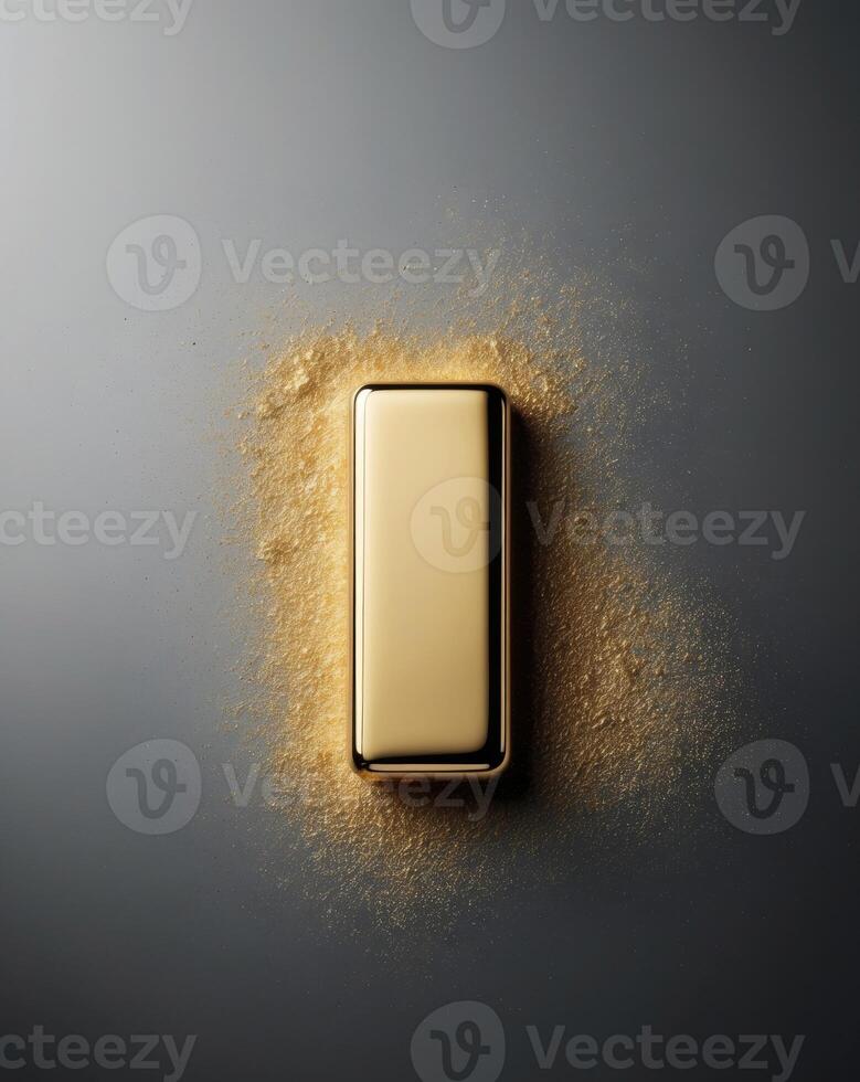 A gold bar on a table with sand photo