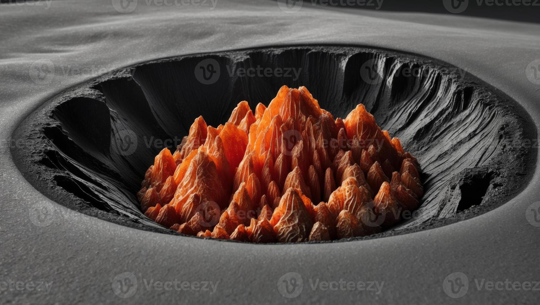 A close up of a volcano with orange rocks photo