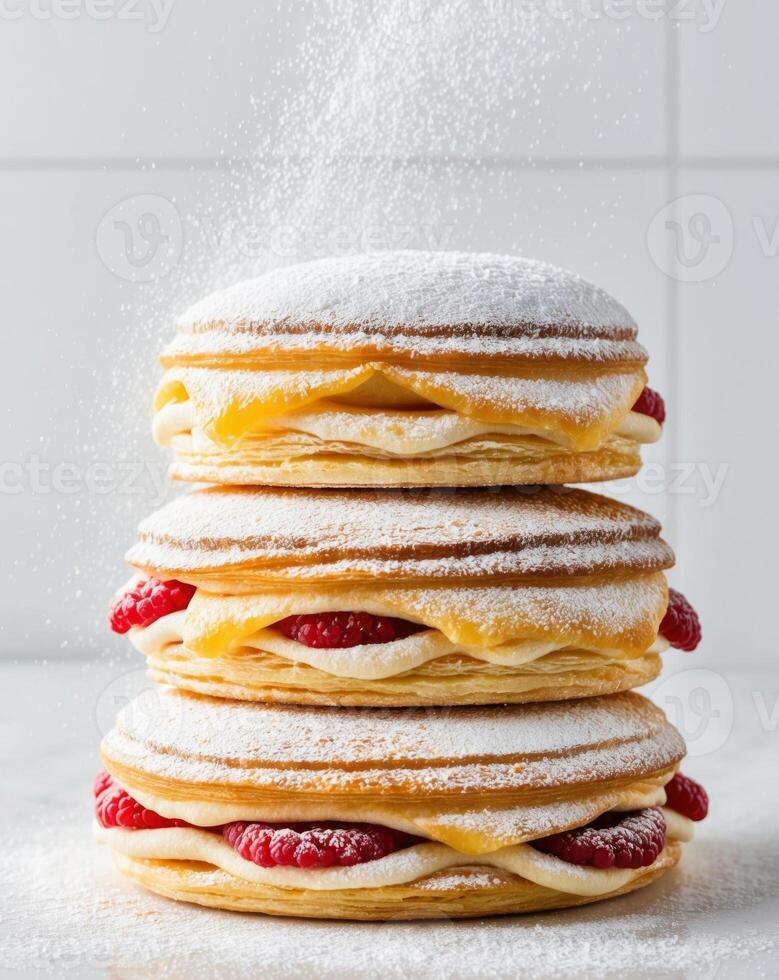 A stack of three pancakes with powdered sugar photo